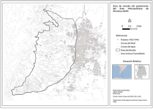 Figura 01: Área de estudio del piedemonte del Área Metropolitana de Mendoza-AMM. Elaboración de Emilia Agneni y Mariano